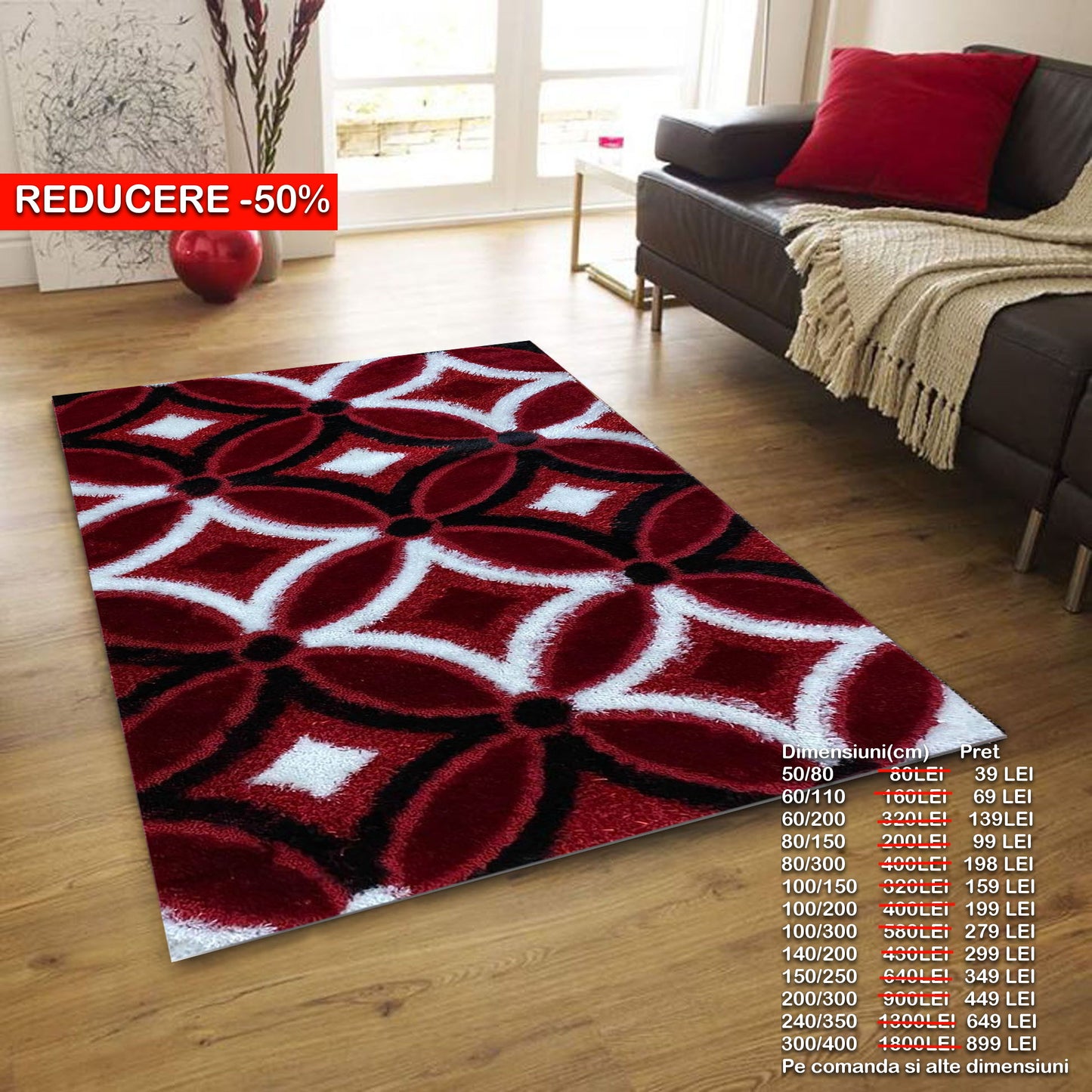 Covor Pufos cu fir lung de matase cu imprimeu geometric tip flori ,Grena/Alb/Negru