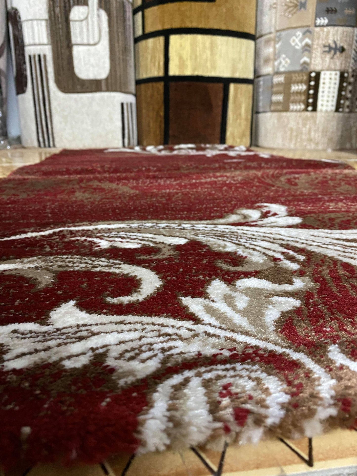 Covor cu Insertii Florale Tip Crengute,Grena/Bej