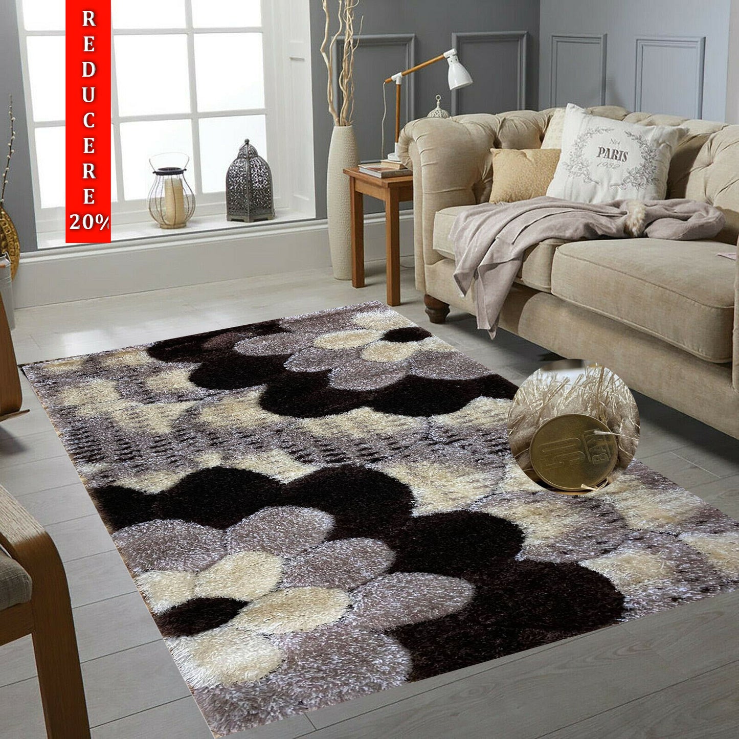 Covor Pufos de Mătase și Bumbac 3D,Bej/Capucino/Maro