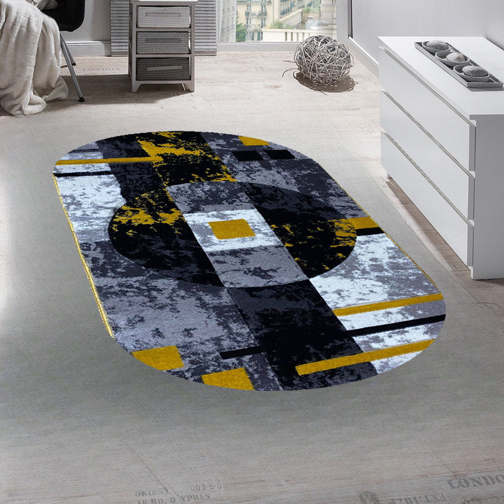 Covor Geometric De Tip Cerc ,Galben/Gri/Negru