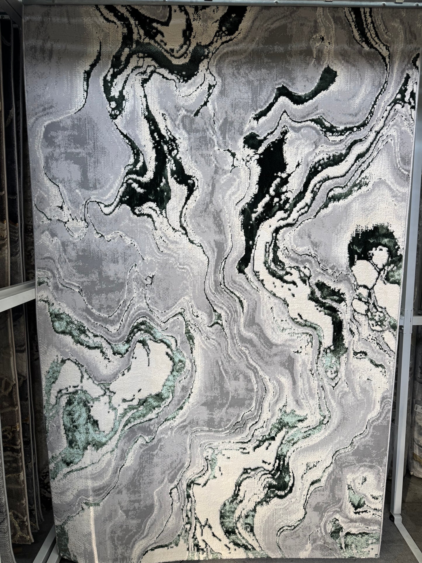 Covor Tip Valuri,Verde Smarald/Gri/Bej