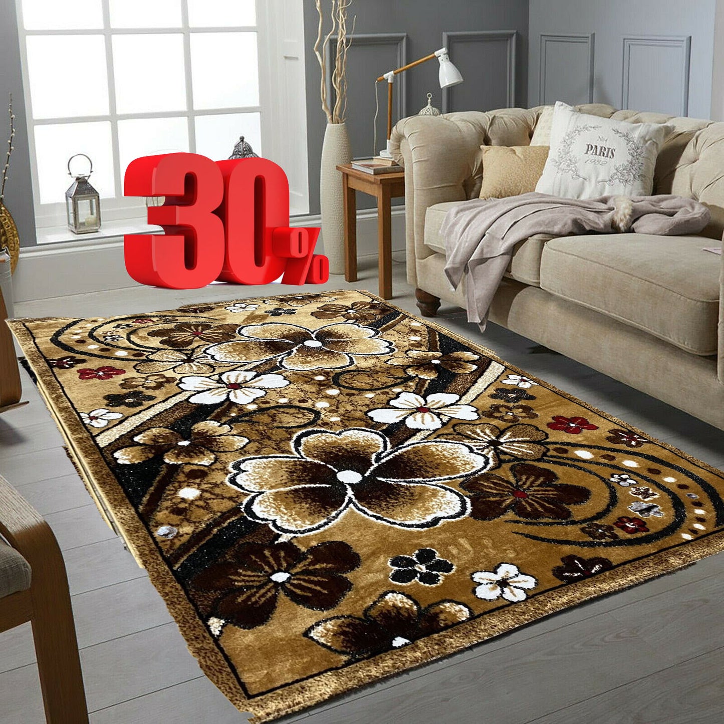 Covor cu Insertii Florale,Bej/Grena