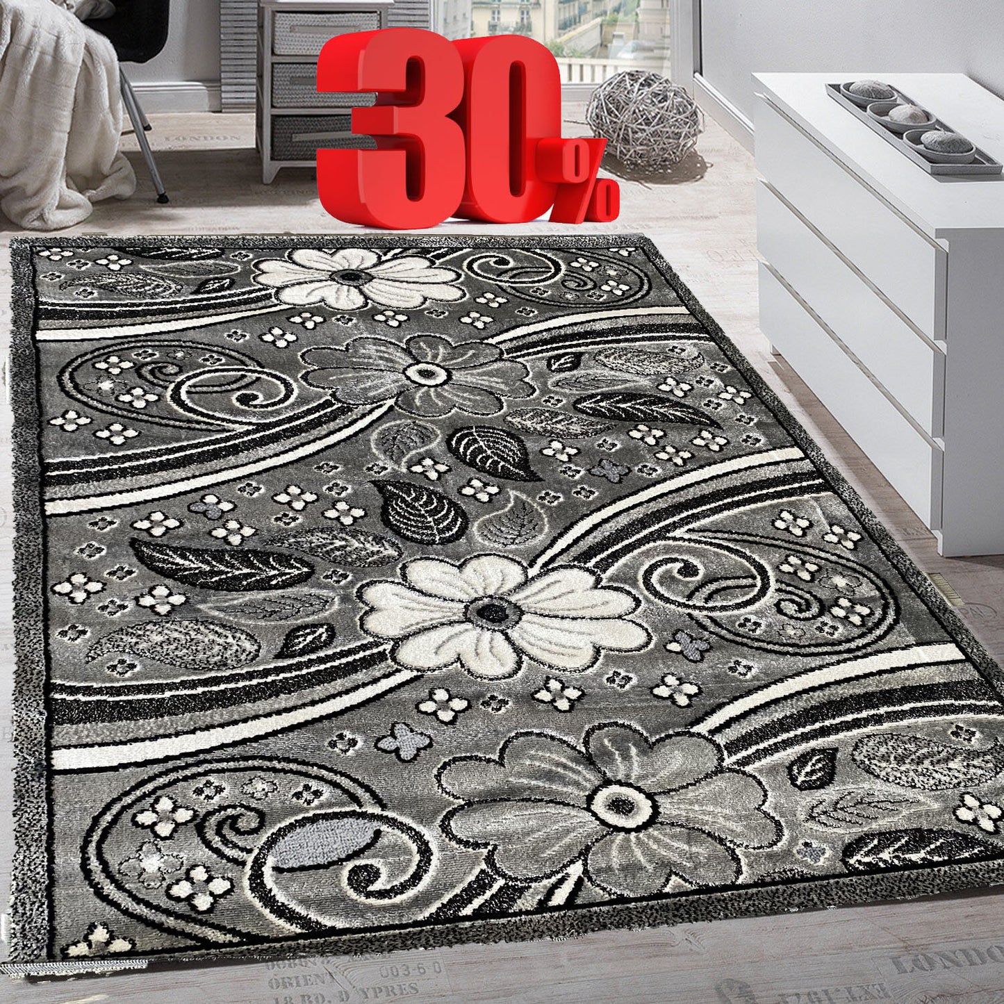 Covor cu Insertii Florale,Gri