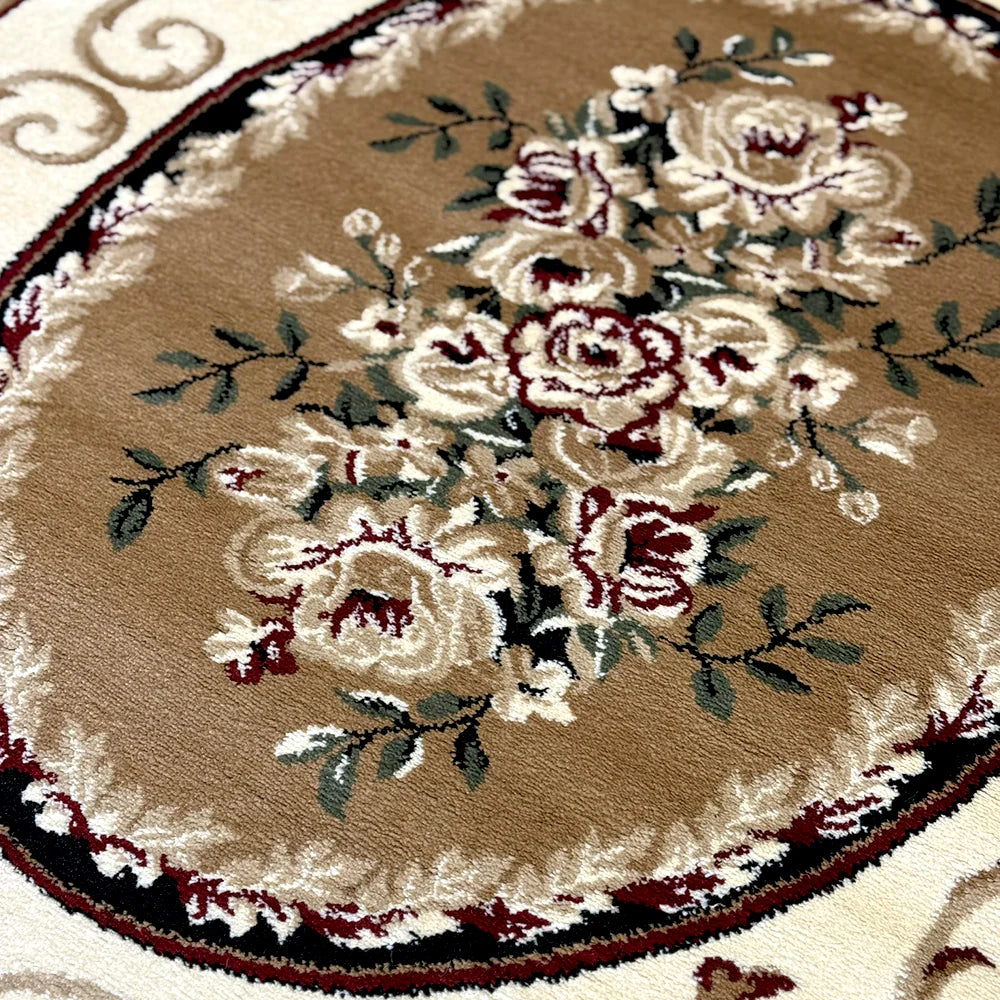 Covor cu Medalion si Insertii Florale ,Crem/Verde/Grena