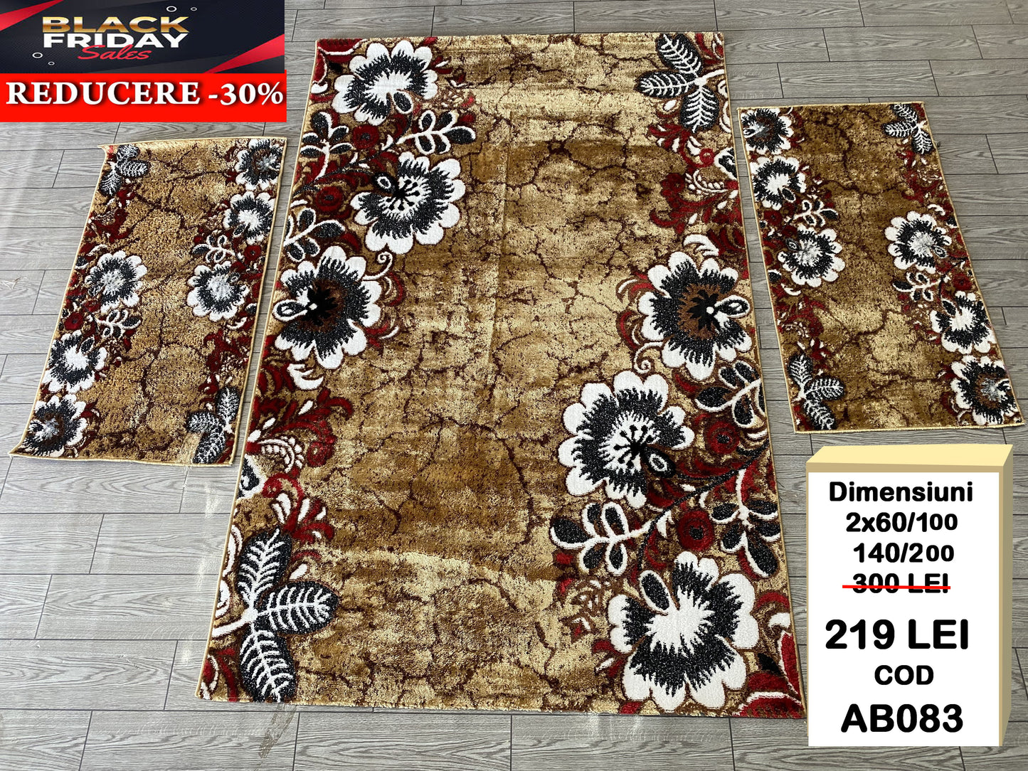 Set Covor si Traverse cu Insertii Florale Tip Margarete, Bej/Grena