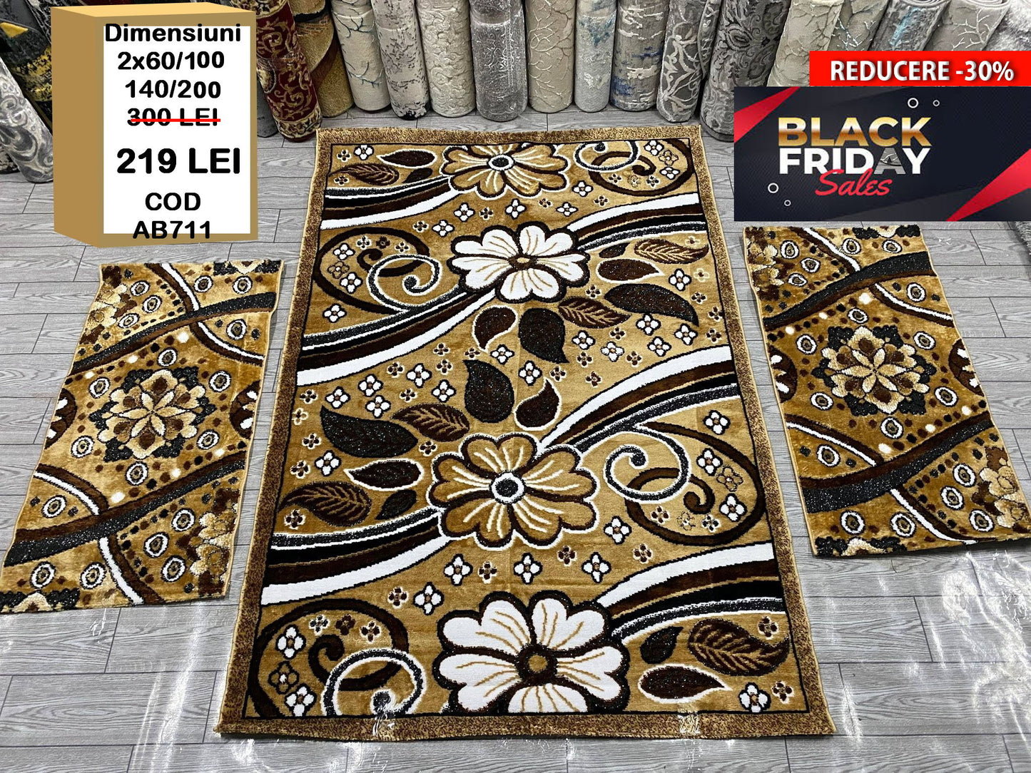 Set Covor si Traverse cu Insertii Florale, Bej