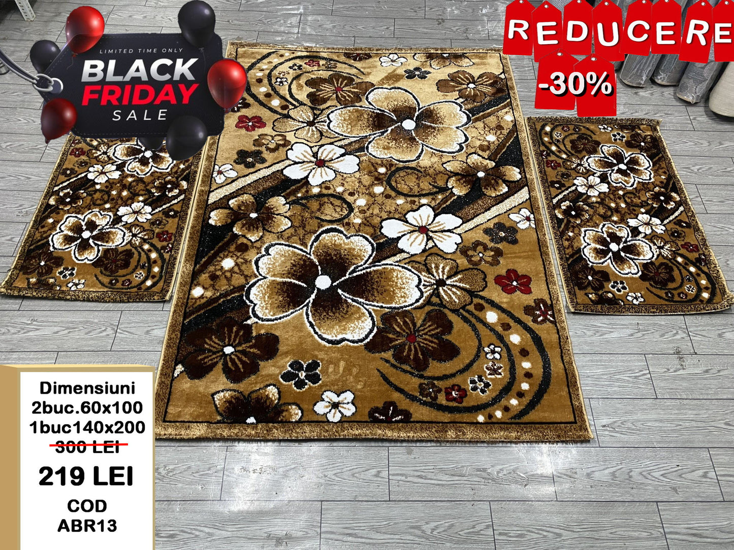 Set Covor si Traverse cu Insertii Florale, Bej/Grena