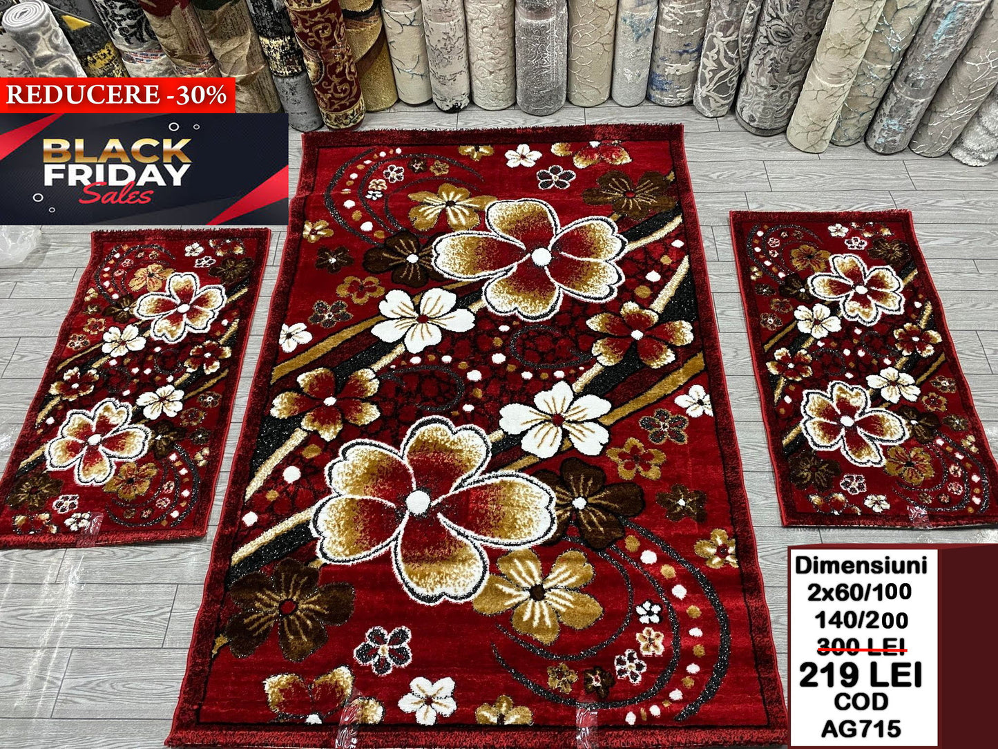 Set Covor Cu Traverse cu Insertii de Tip florale ,Rosu