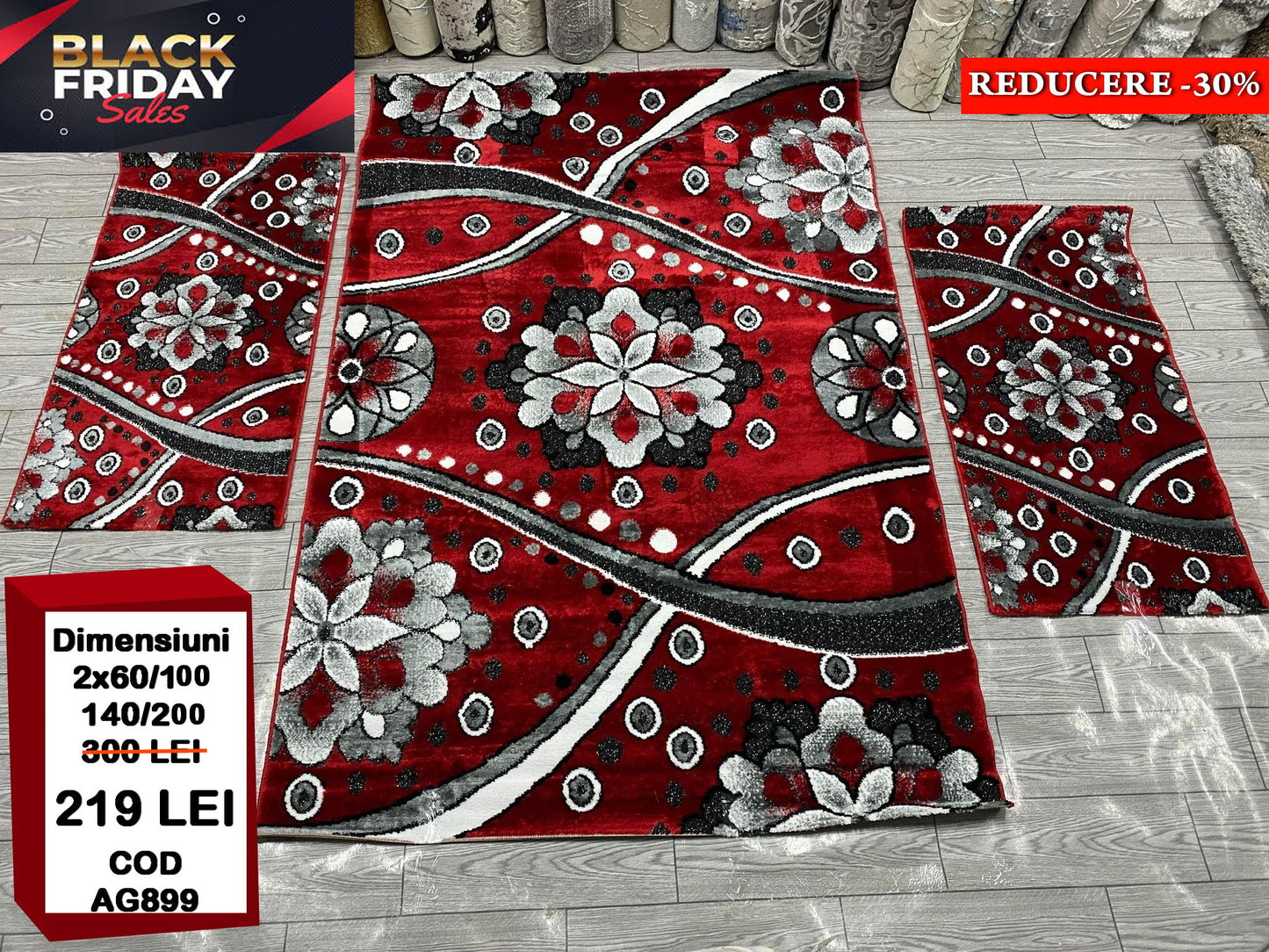 Set Covor Cu Traverse cu Insertii de Tip Floarale,Rosu