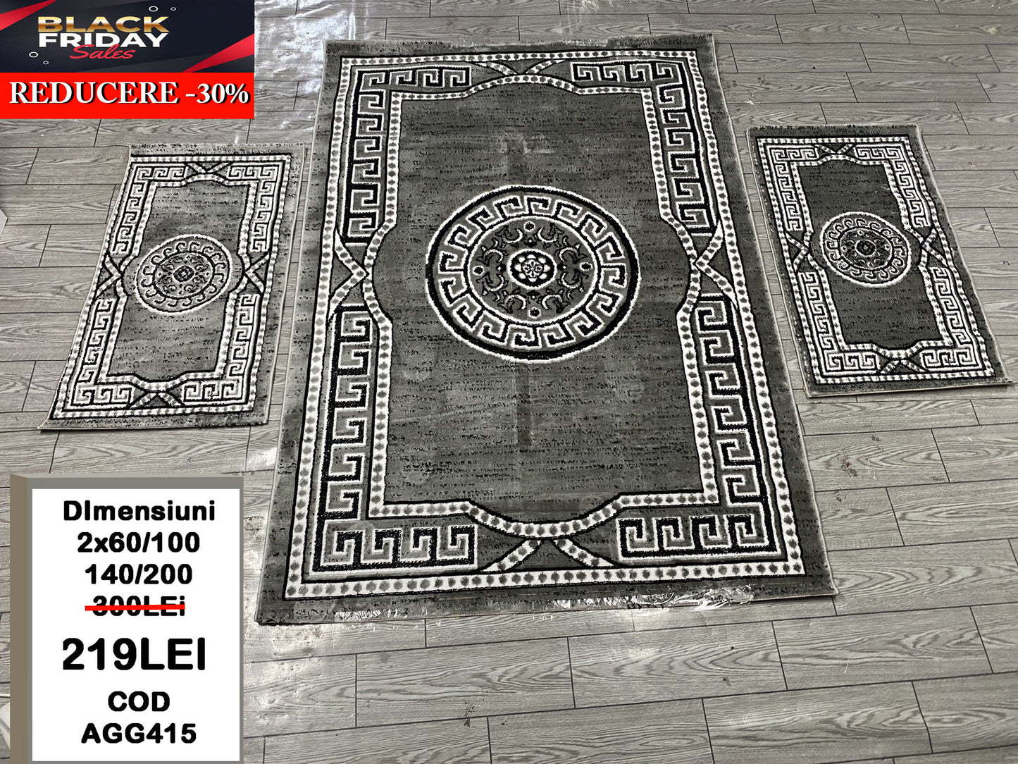 Set Covor si Traverse cu Insertii Geometrice ,Gri