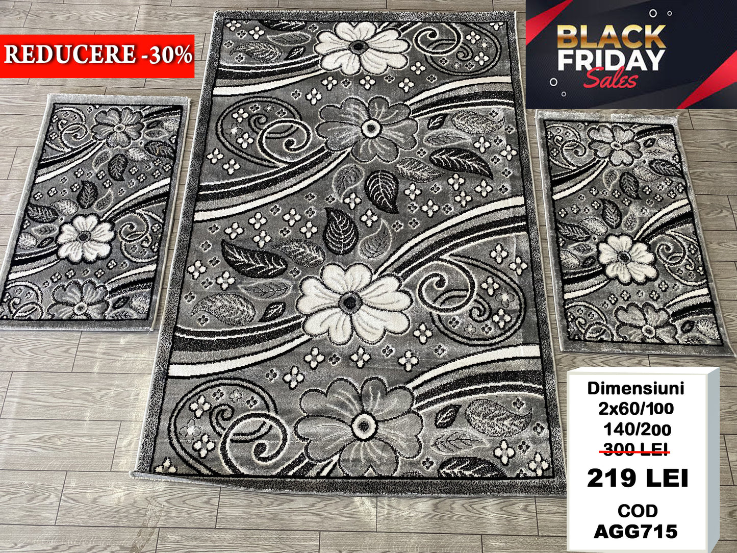 Set Covor si Traverse cu Insertii Florale, Gri