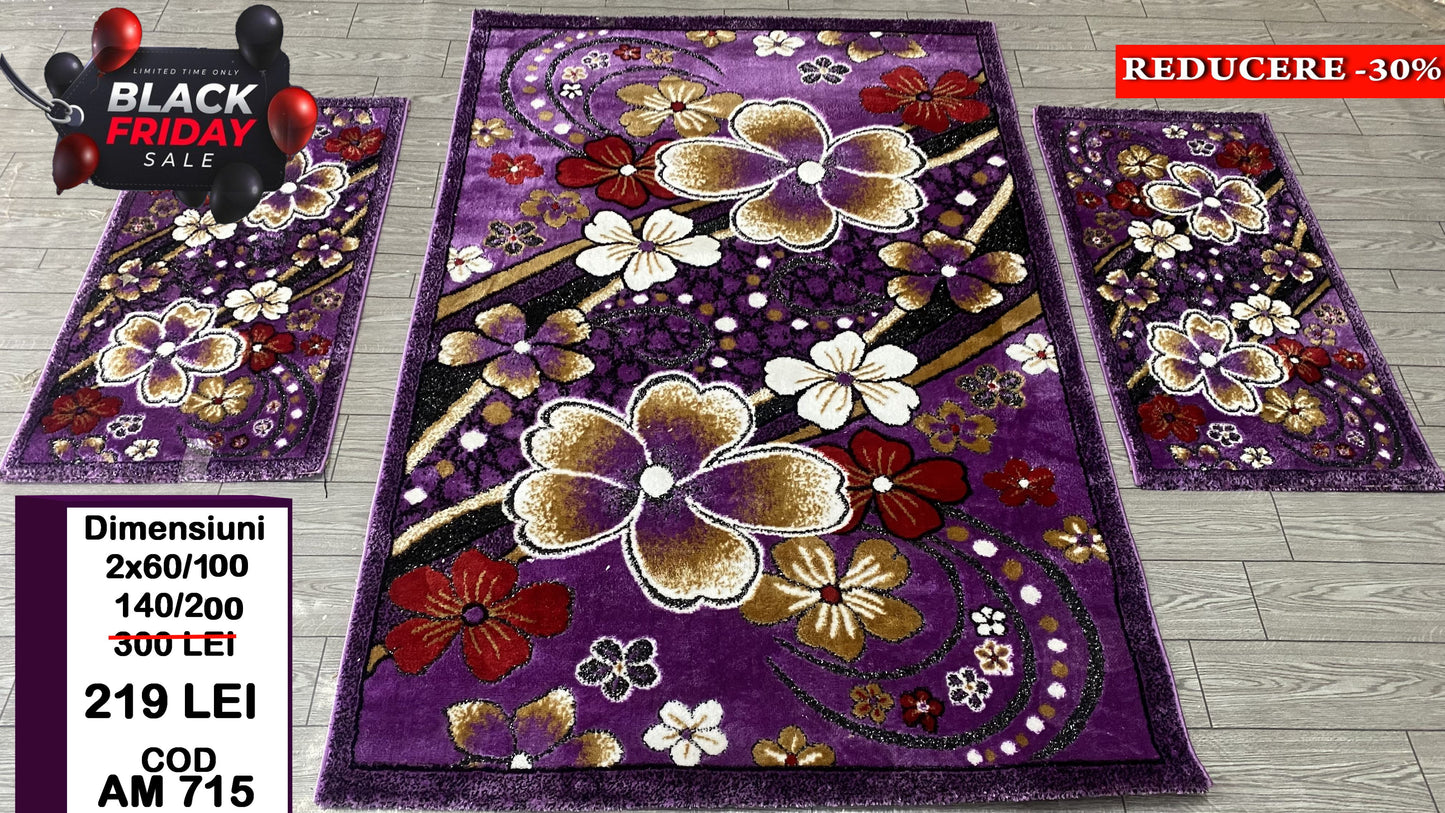 Set Covor cu Traverse cu Insertii Florale,Mov/Bej