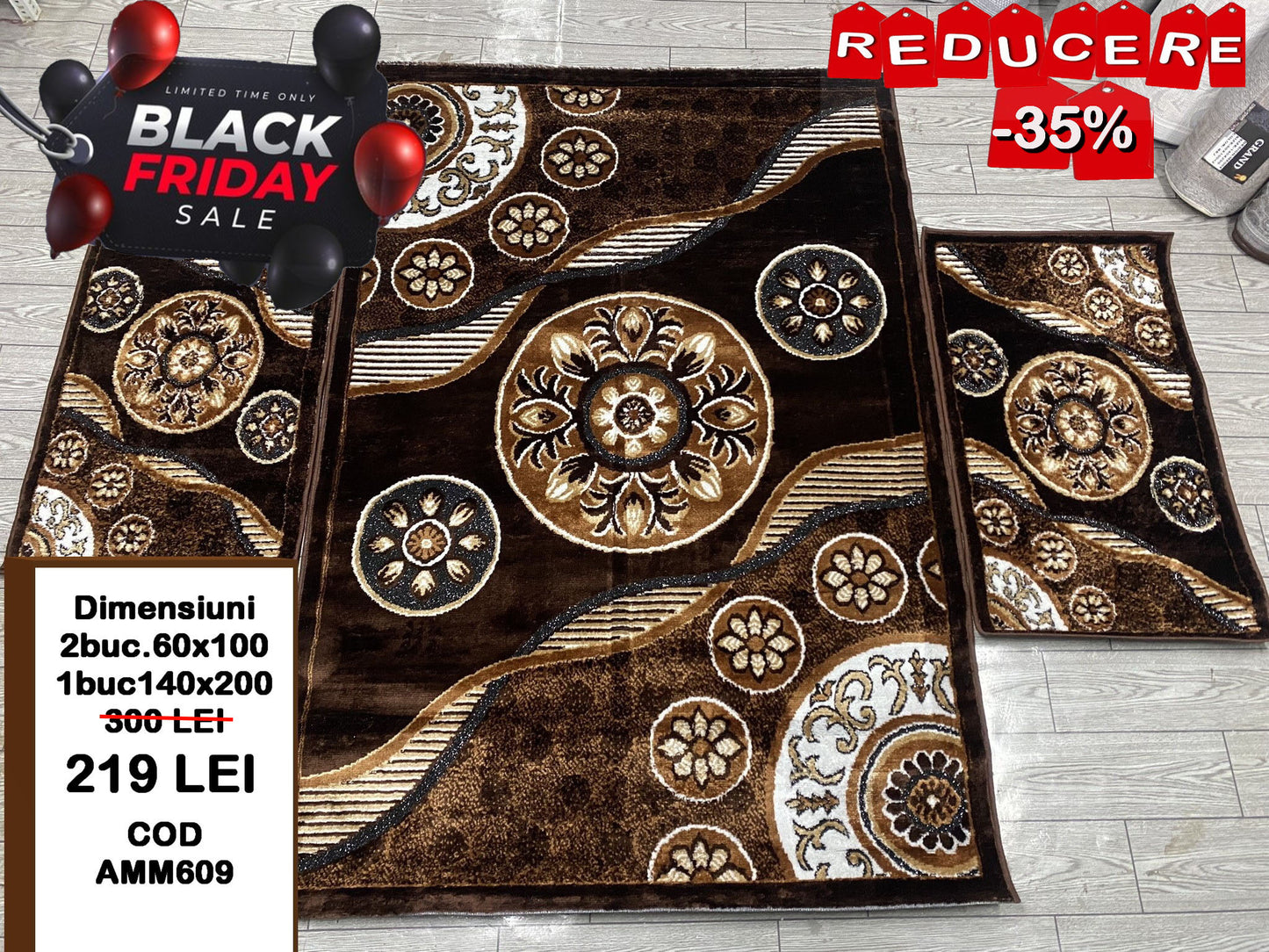 Set Covor si Traverse cu Insertii Geometrice tip Cerc,Maro/Crem