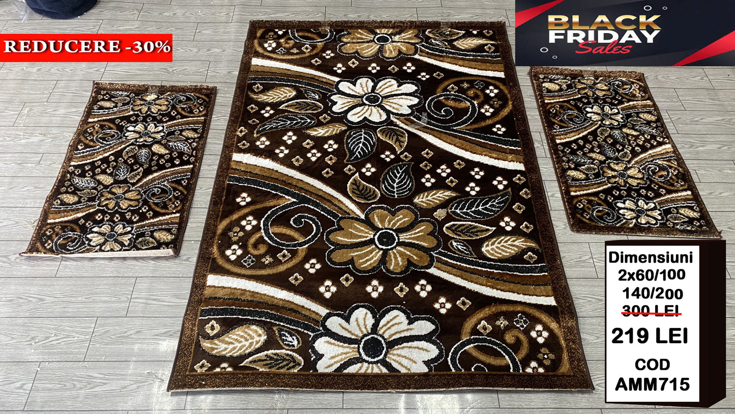 Set Covor cu Traverse cu Insertii Florale,Maro/Bej