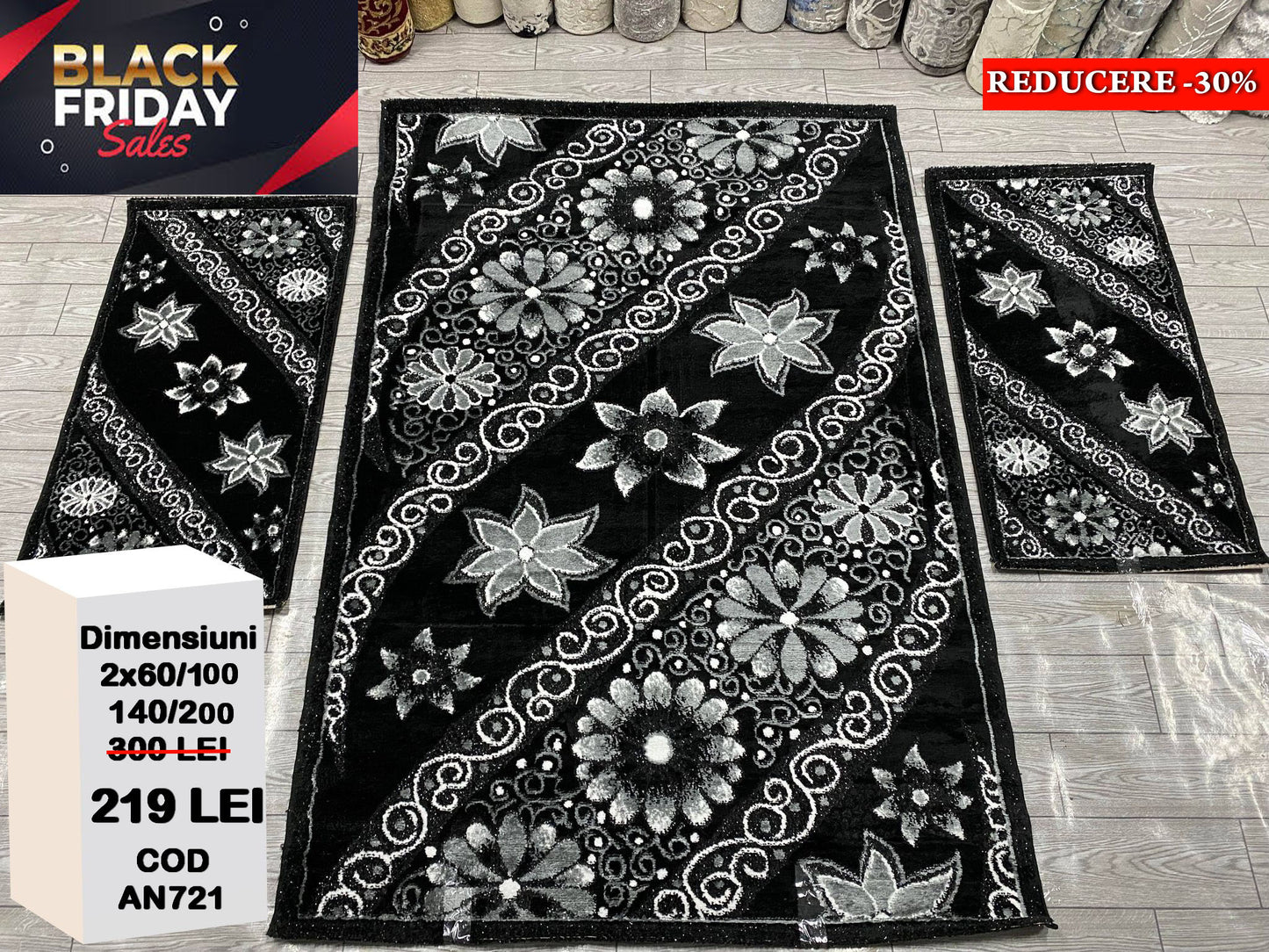 Set Covor Cu Traverse cu Insertii de Tip Floarale,Negru/Gri