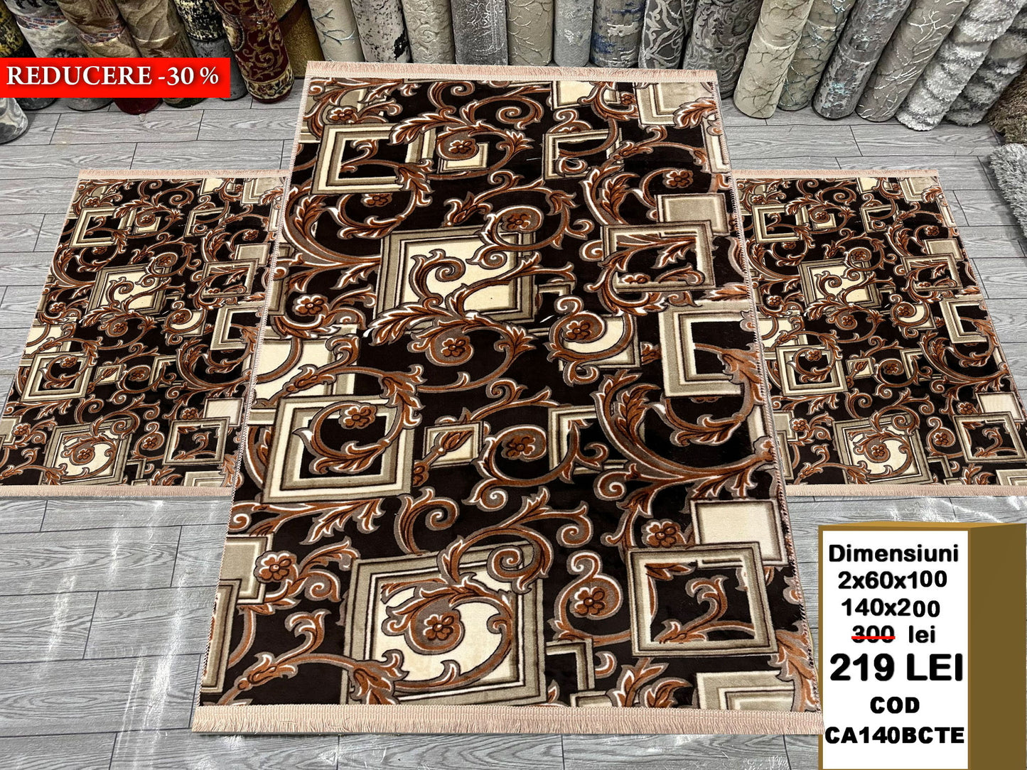 Set Covor Cu Traverse Antiderapante cu Insertii Moderne tip Floral,Bej/Capucino/Maro