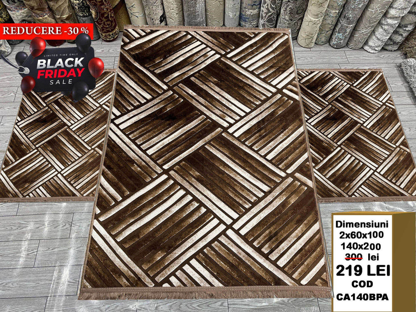 Set Covor Cu Traverse Antiderapante cu Insertii Moderne tip Parchet ,Bej/Capucino