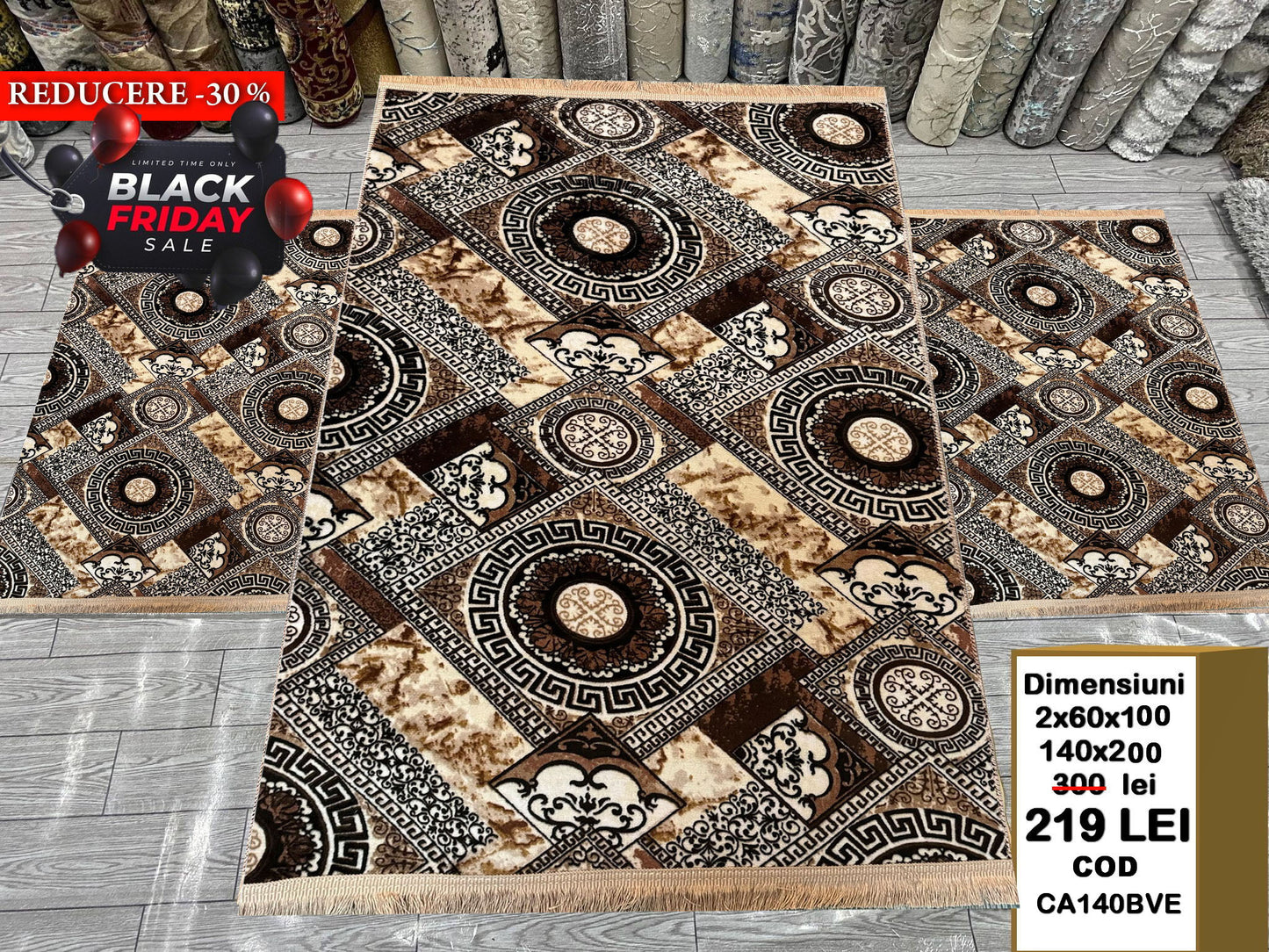 Set Covor Cu Traverse Antiderapante cu Insertii Moderne tip Geometric,Bej/Capucino