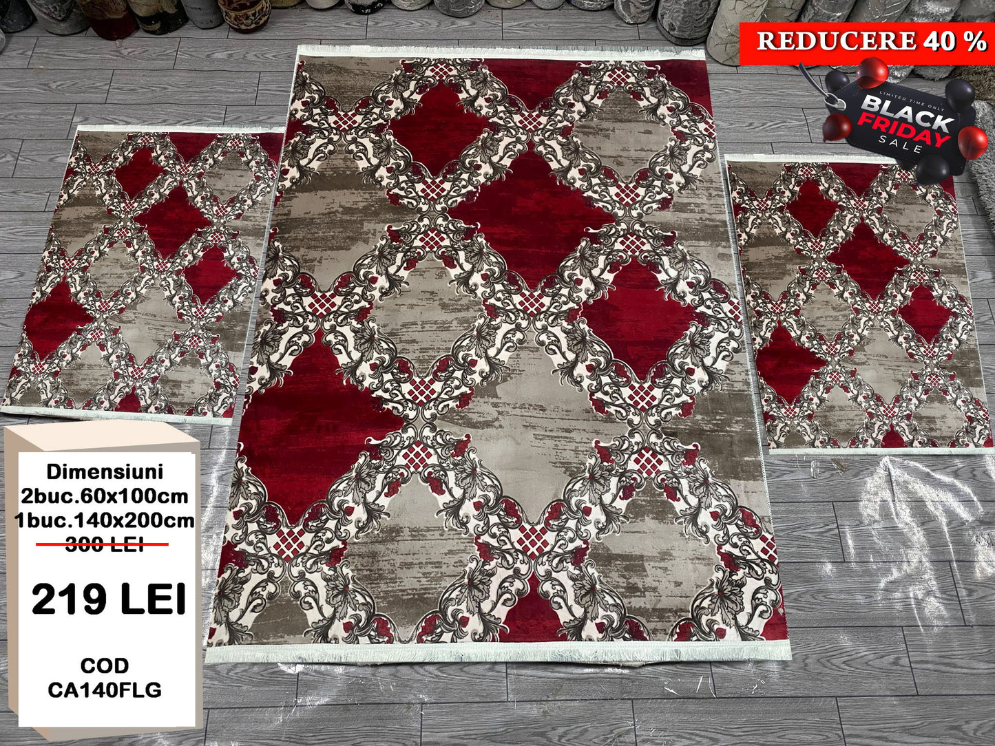 Set Covor cu Traverse Antiderapante Tip Floral ,Grena/Bej