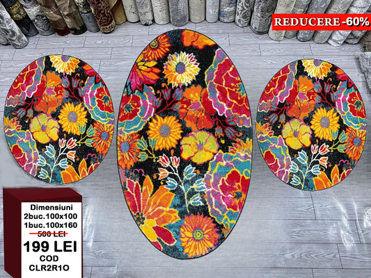 Set Covor Oval si Carpete Rotunde cu Insertii Florale Multicolore
