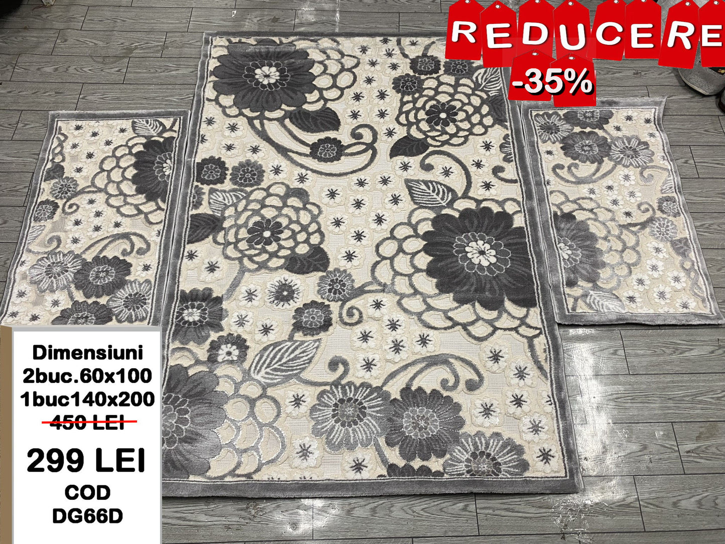 Set Covor si Traverse cu Insertii Florale,Gri/Bej