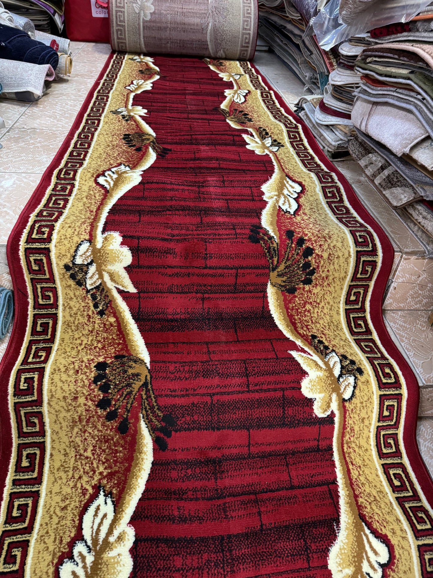 Traversa cu Insertii Florale și Chenar,Grena/Bej/Negru