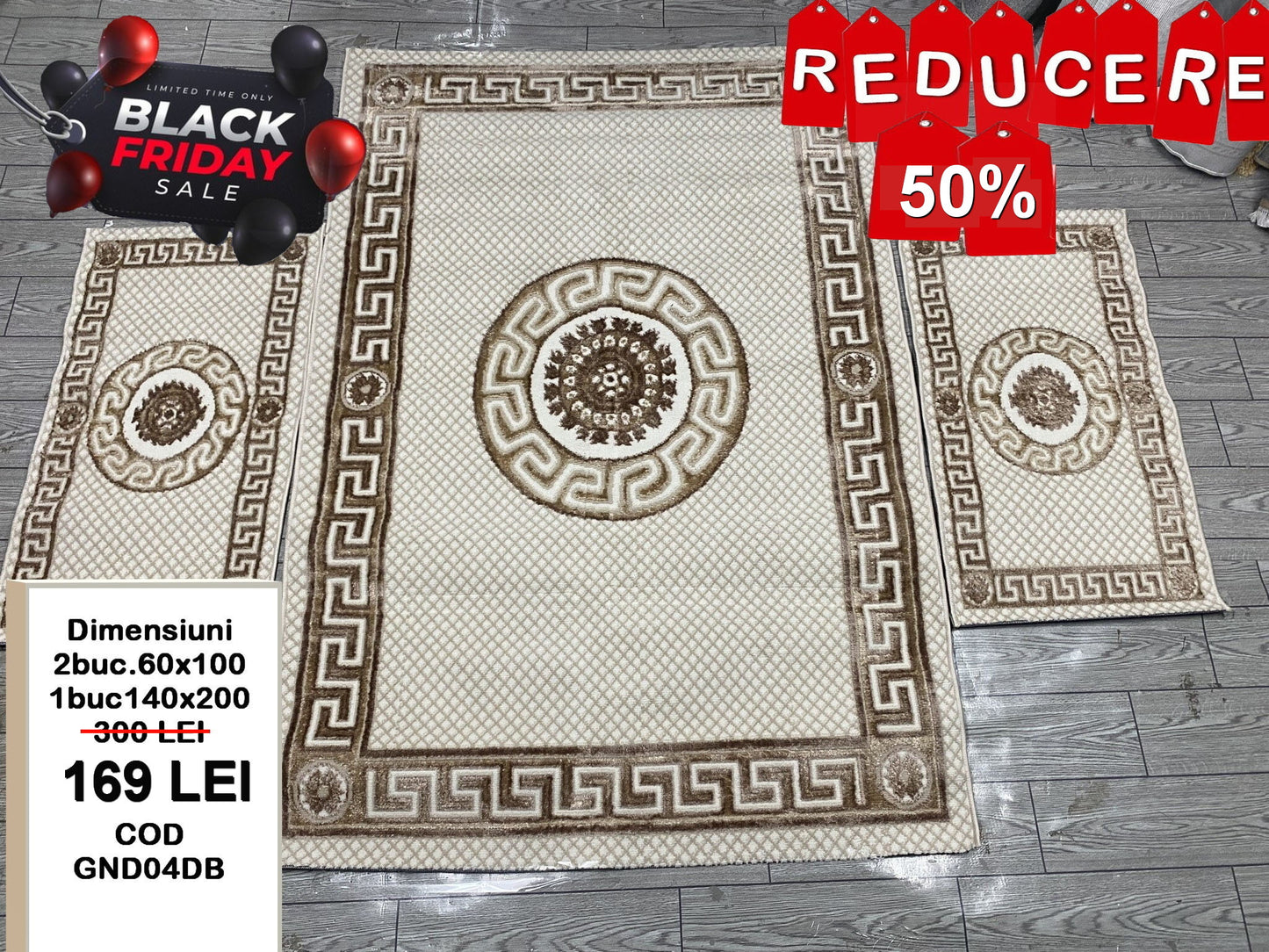 Set Covor si Traverse cu Insertii Grecesti,Bej/Capucinno