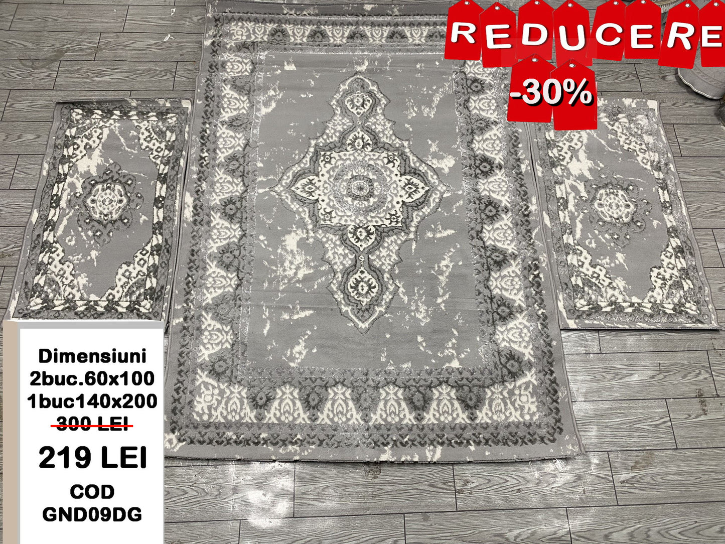 Set Covor si Traverse cu Insertii Clasice Si Medalion,Gri/Alb