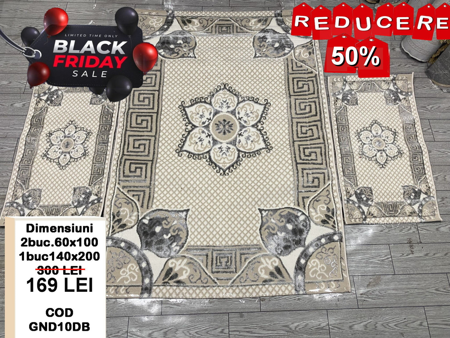 Set Covor si Traverse cu Insertii Florale si Grecesti,Bej/Gri