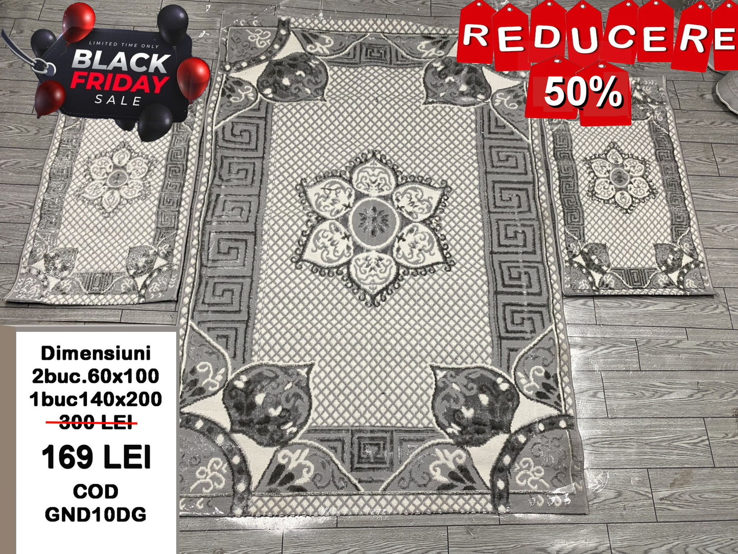 Set Covor cu Traverse cu Insertii Florale si Grecesti , Gri/Alb