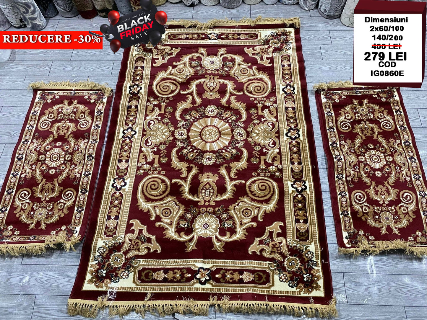 Set Covor si Traverse cu Medalion Si Insertii Florale,Grena