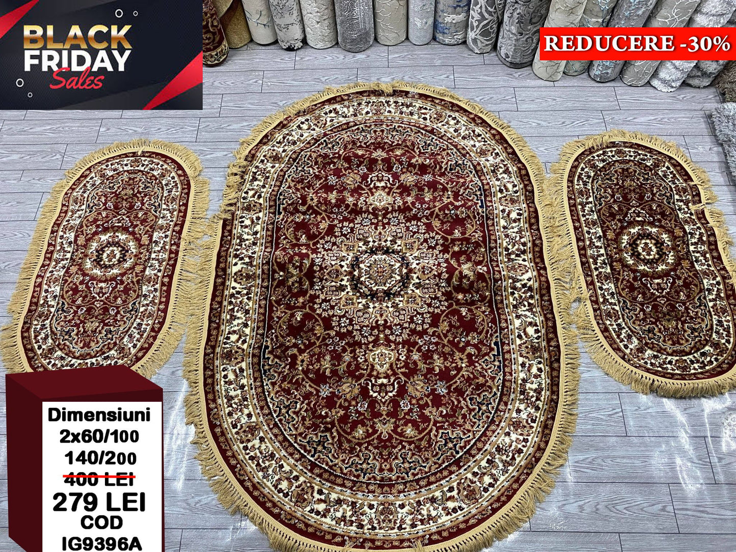 Set Covor si Traverse cu Medalion Si Insertii Florale,Grena