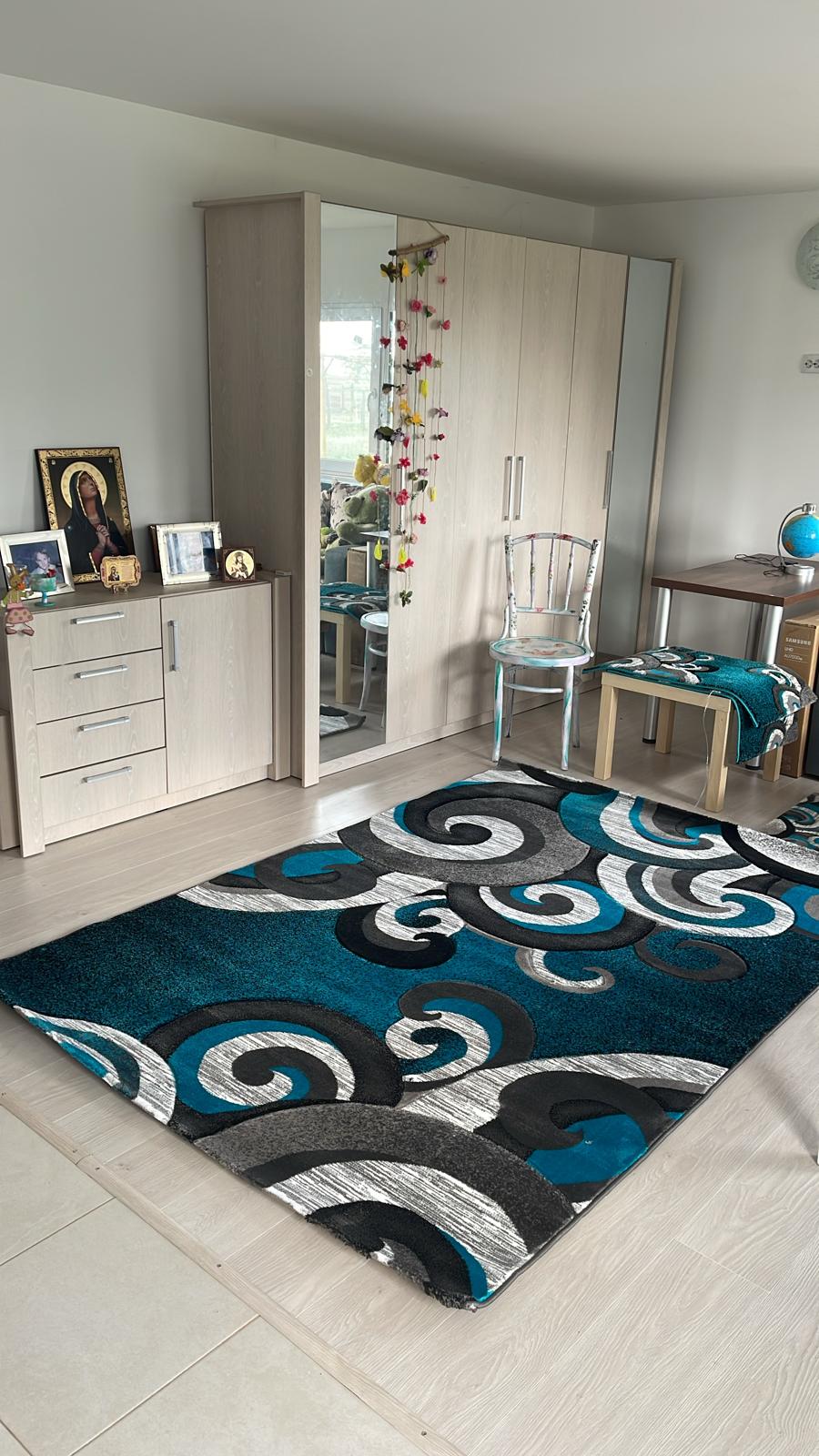 Covor cu Insertii Florale Tip Tribale,Turqoise