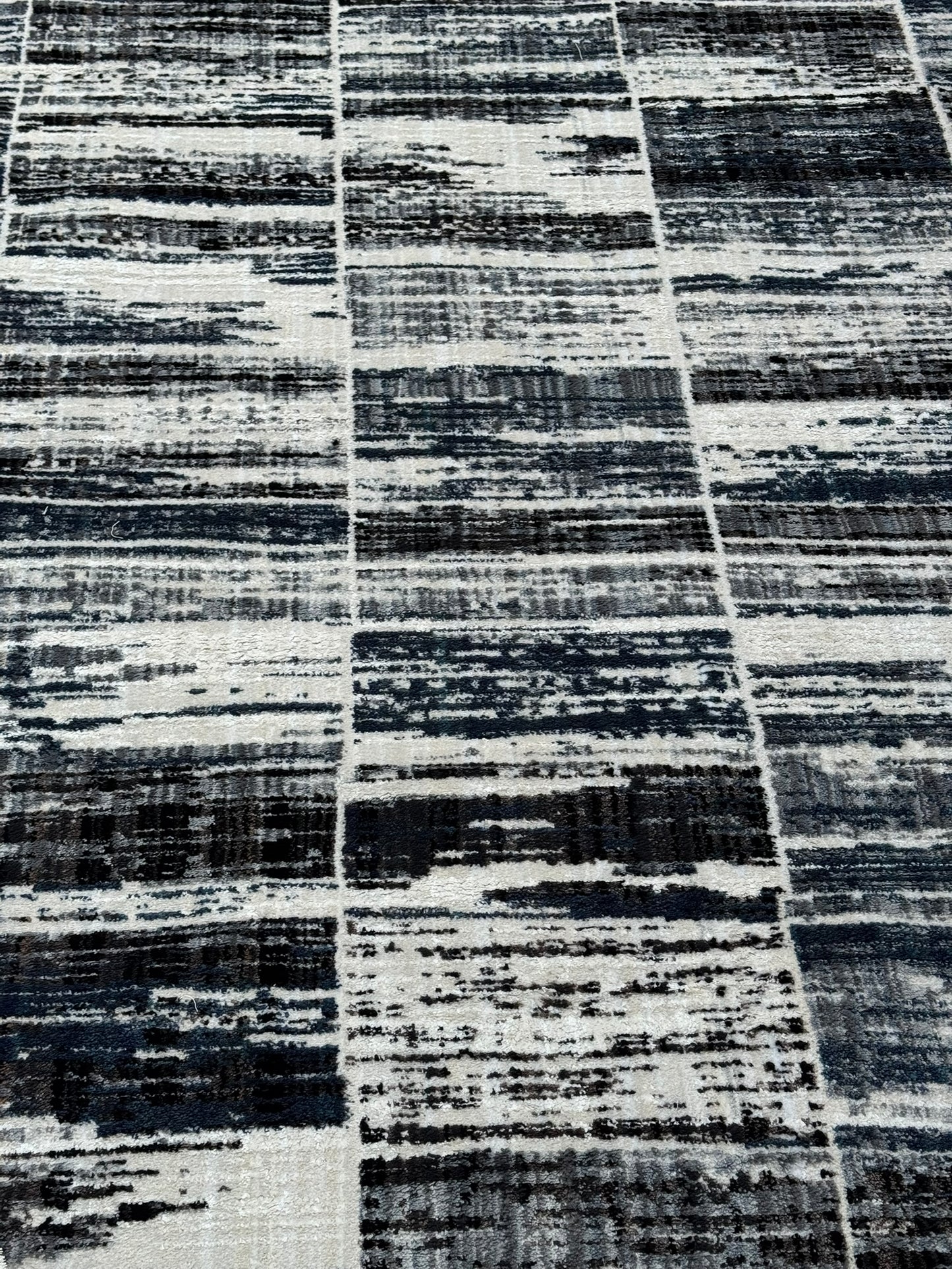 Covor cu Insertii Geometrice in Chenar si Franjuri ,Crem/Gri/Indigo