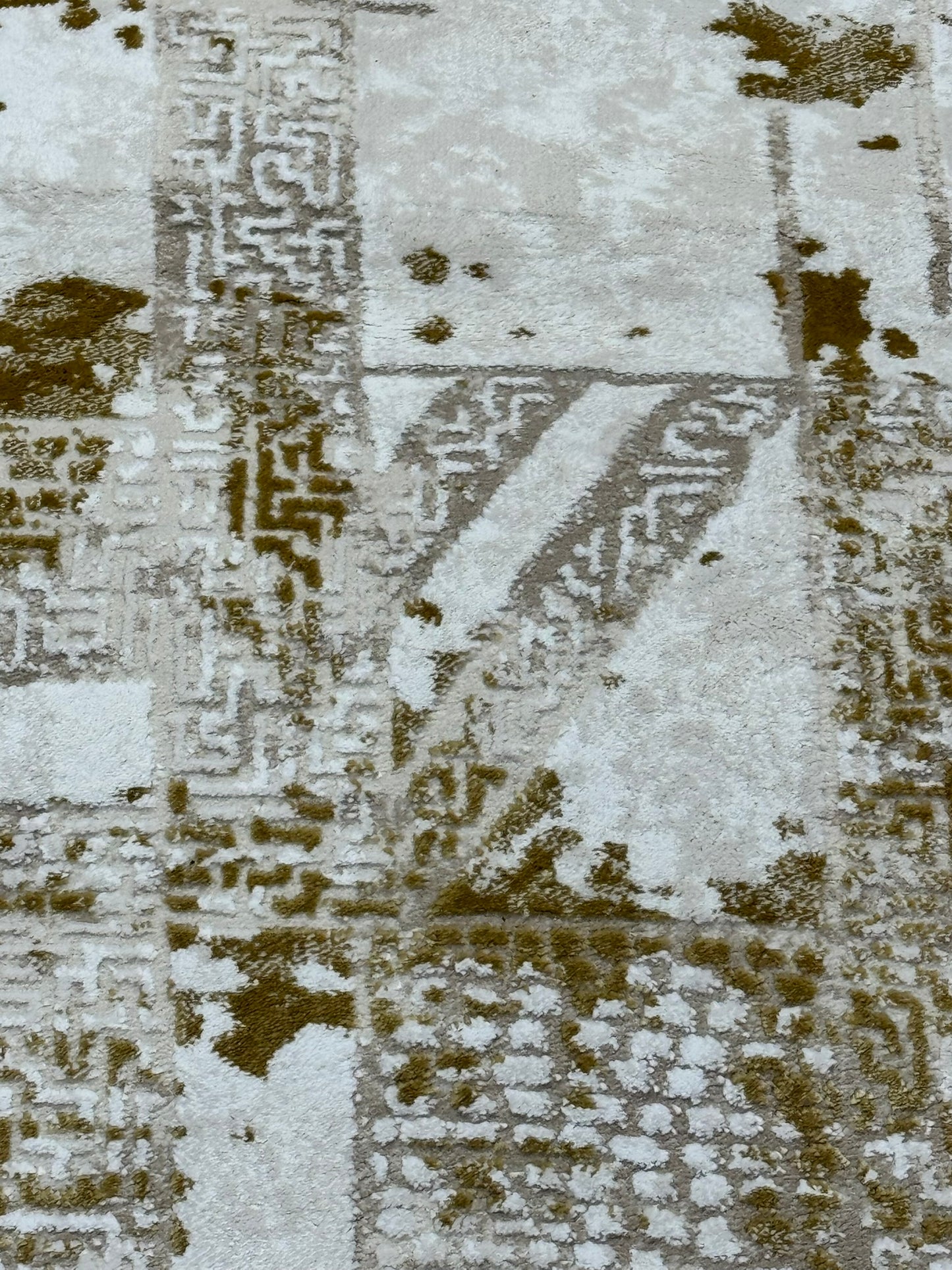 Covor Premium Modern Cu Insertii Grecesti si Franjuri,Bej/Crem/Auriu