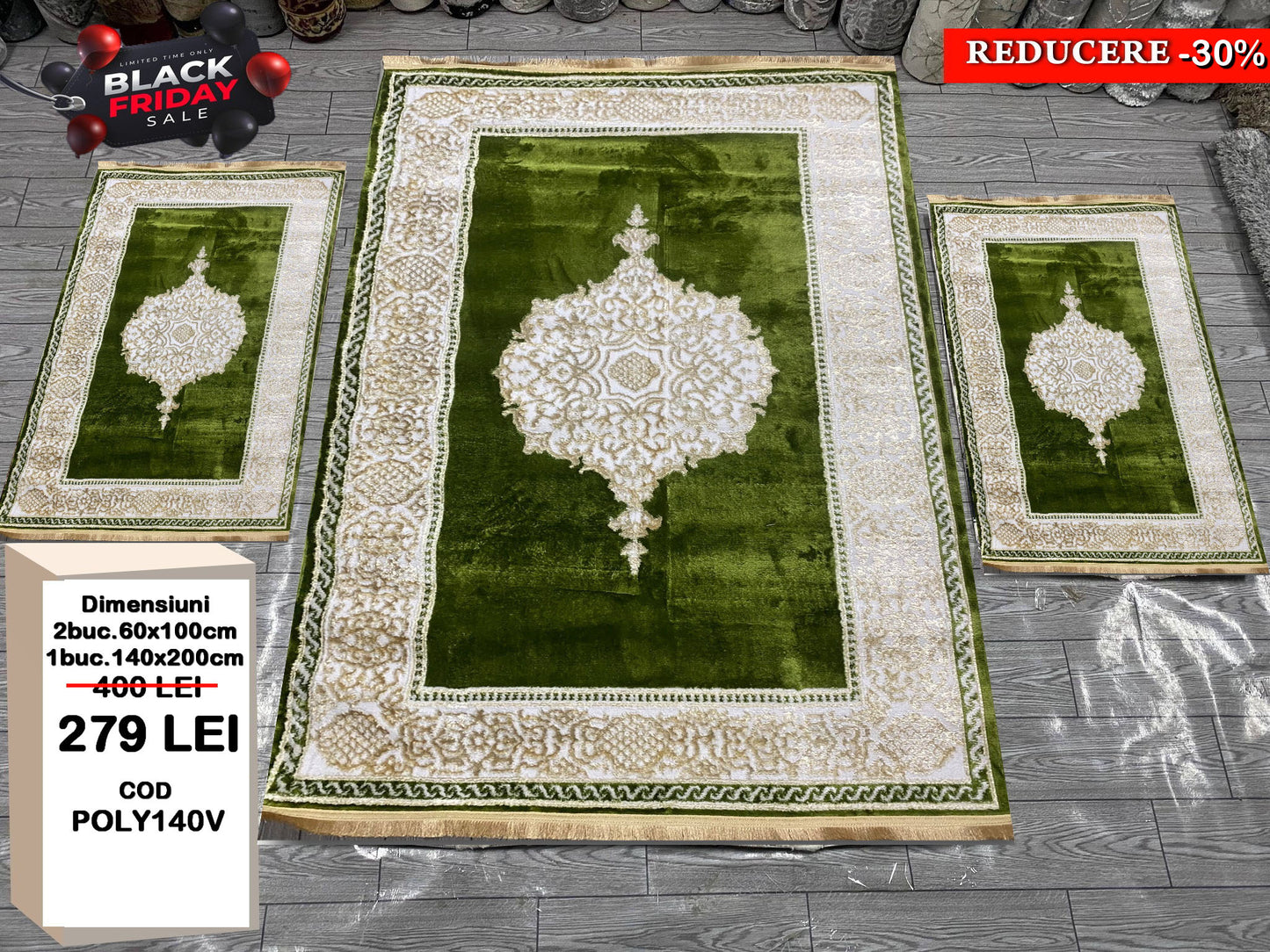 Set Covor cu Traverse Clasice Cu Medalion ,Verde/Auriu/Bej