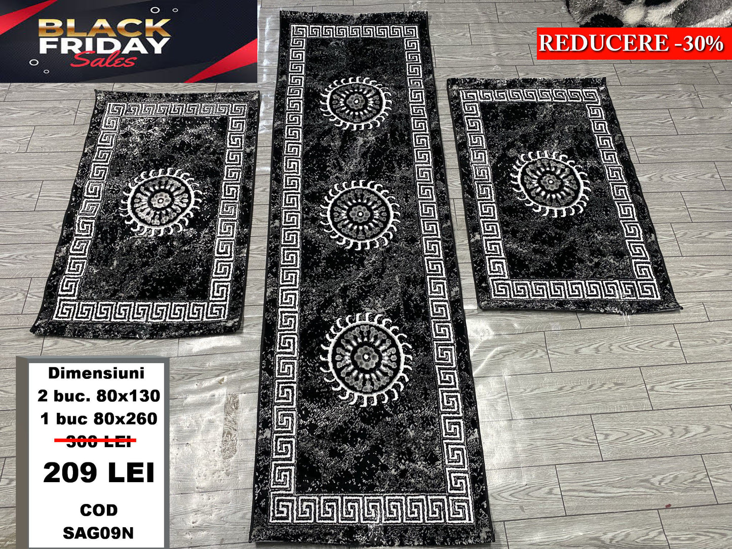 Set 3 Traverse cu Imprimeu Geometric ,Negru