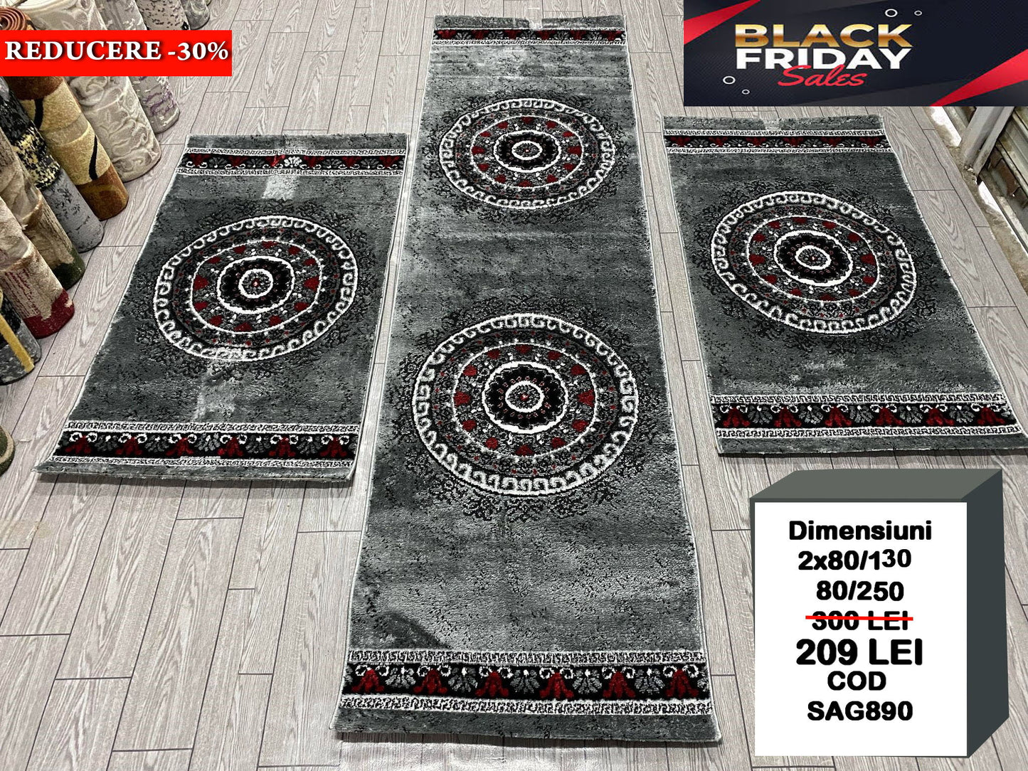 Set 3 Traverse cu Imprimeu Geometric ,Gri/Rosu