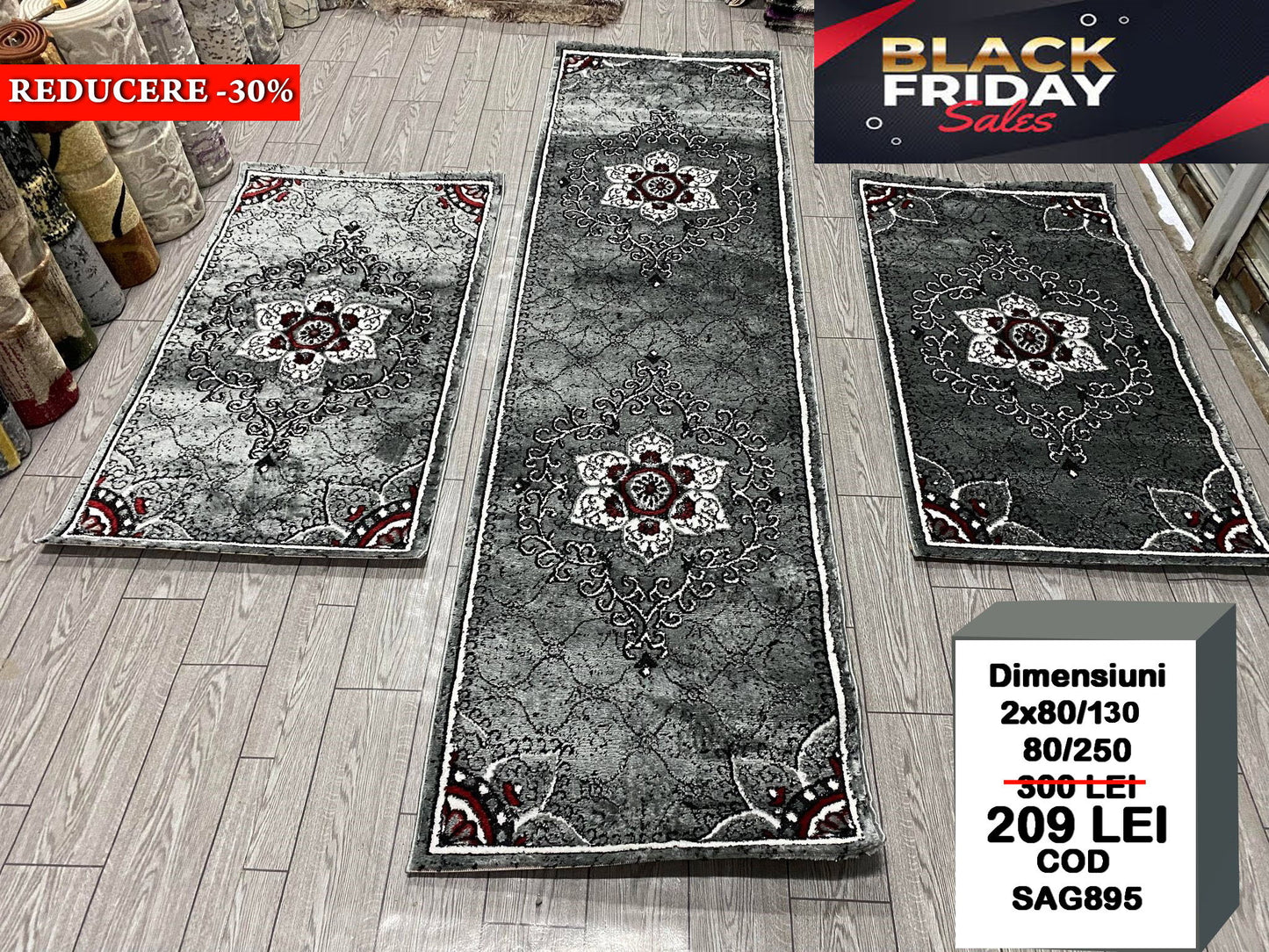 Set 3 Traverse cu Insertii Florale, Gri/Rosu