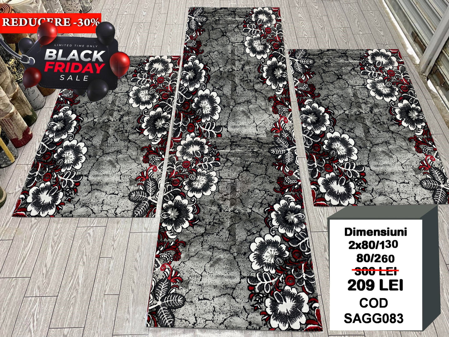 Set 3 Traverse cu Imprimeu Floral ,Gri/Rosu