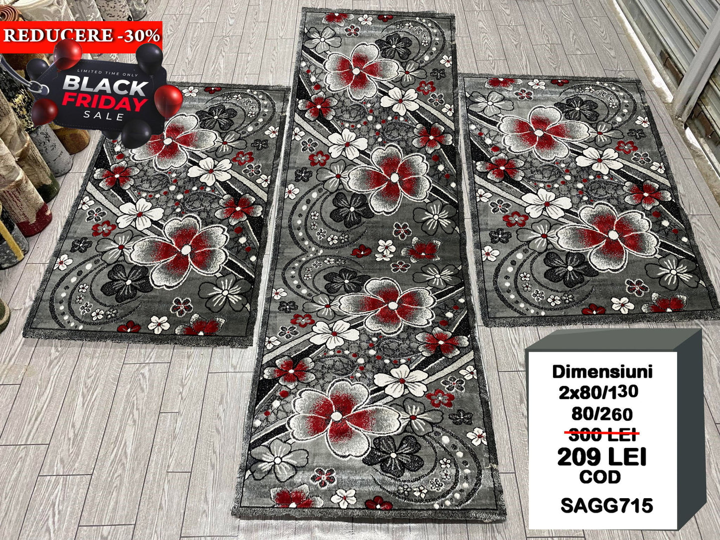 Set 3 Traverse cu Insertii Florale, Gri/Rosu