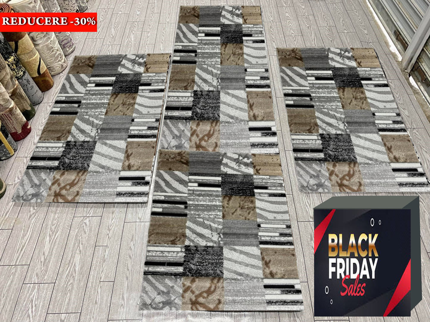 Set 3 Traverse cu Insertii Geometrice Tip Patrate ,Gri/Bej