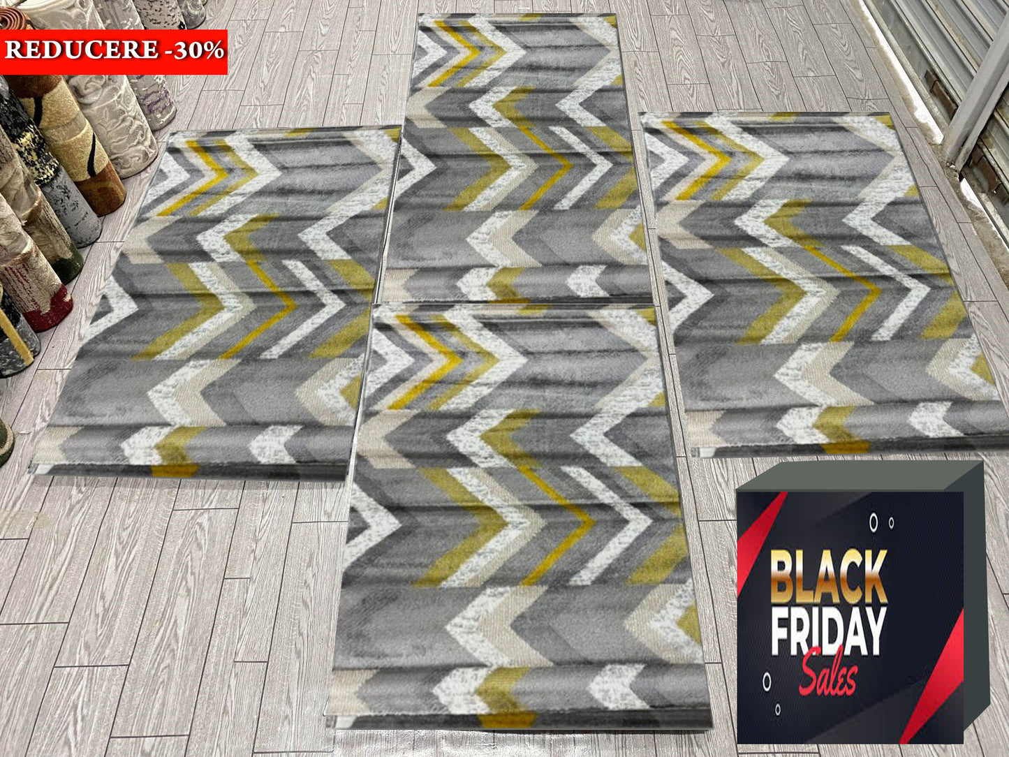 Set 3 Traverse cu Insertii Geometrice Linii,Gri/Gold