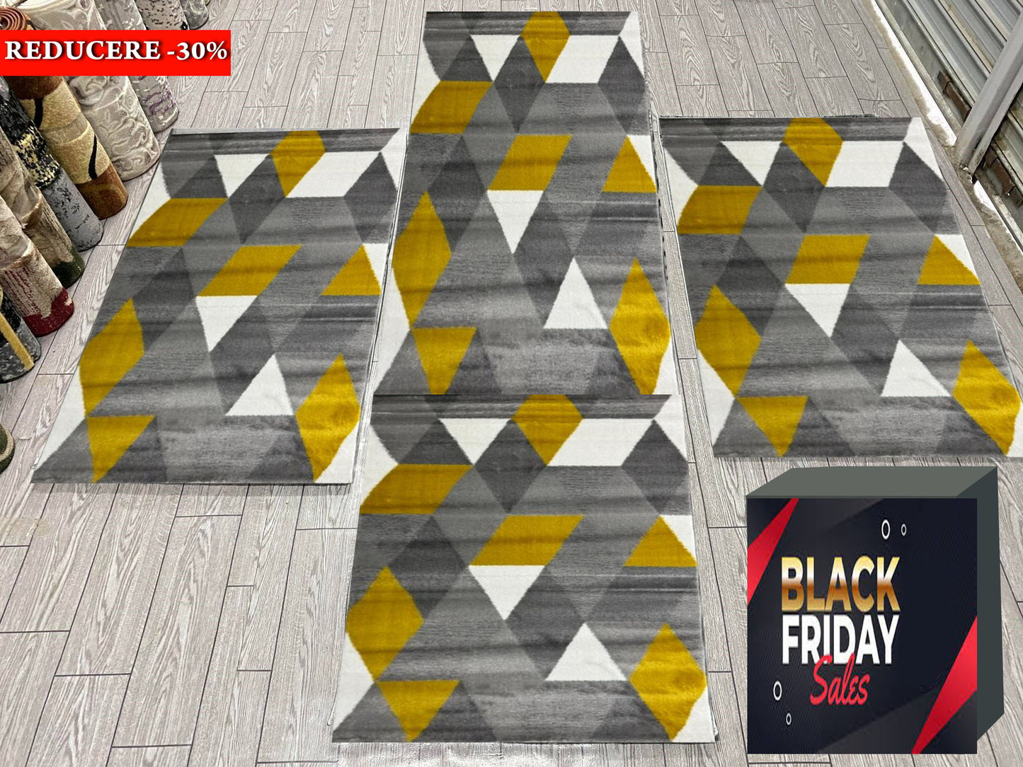 Set 3 Traverse cu Insertii Geometrice Triunghiuri,Gri/Gold