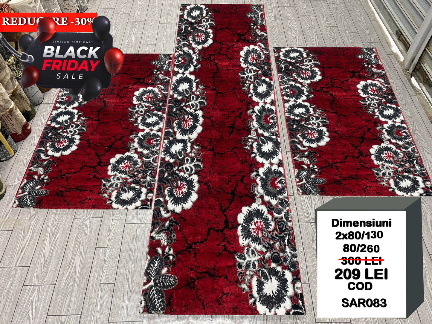 Set 3 Traverse cu Imprimeu Floral ,Rosu/Gri