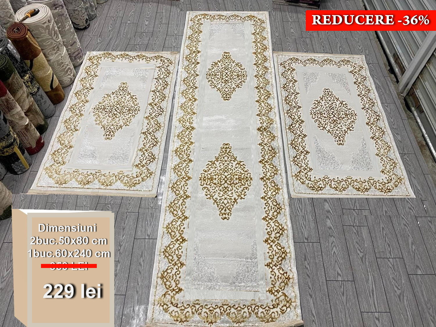 Set 3 Traverse Premium cu Insertii tip Hena,Bej/Auriu