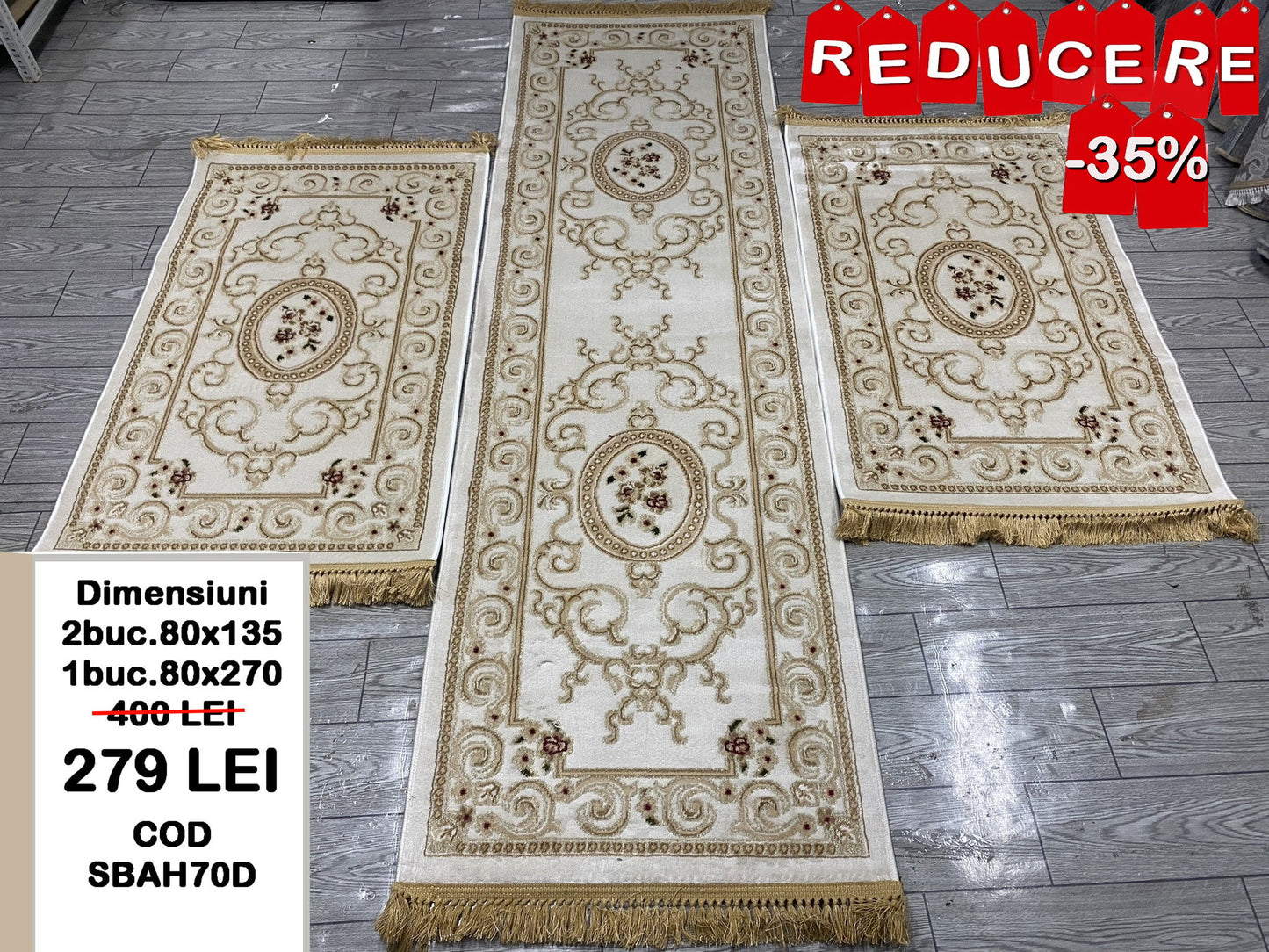 Set 3 Traverse Cu Medalion si Franjuri,Bej/Auriu