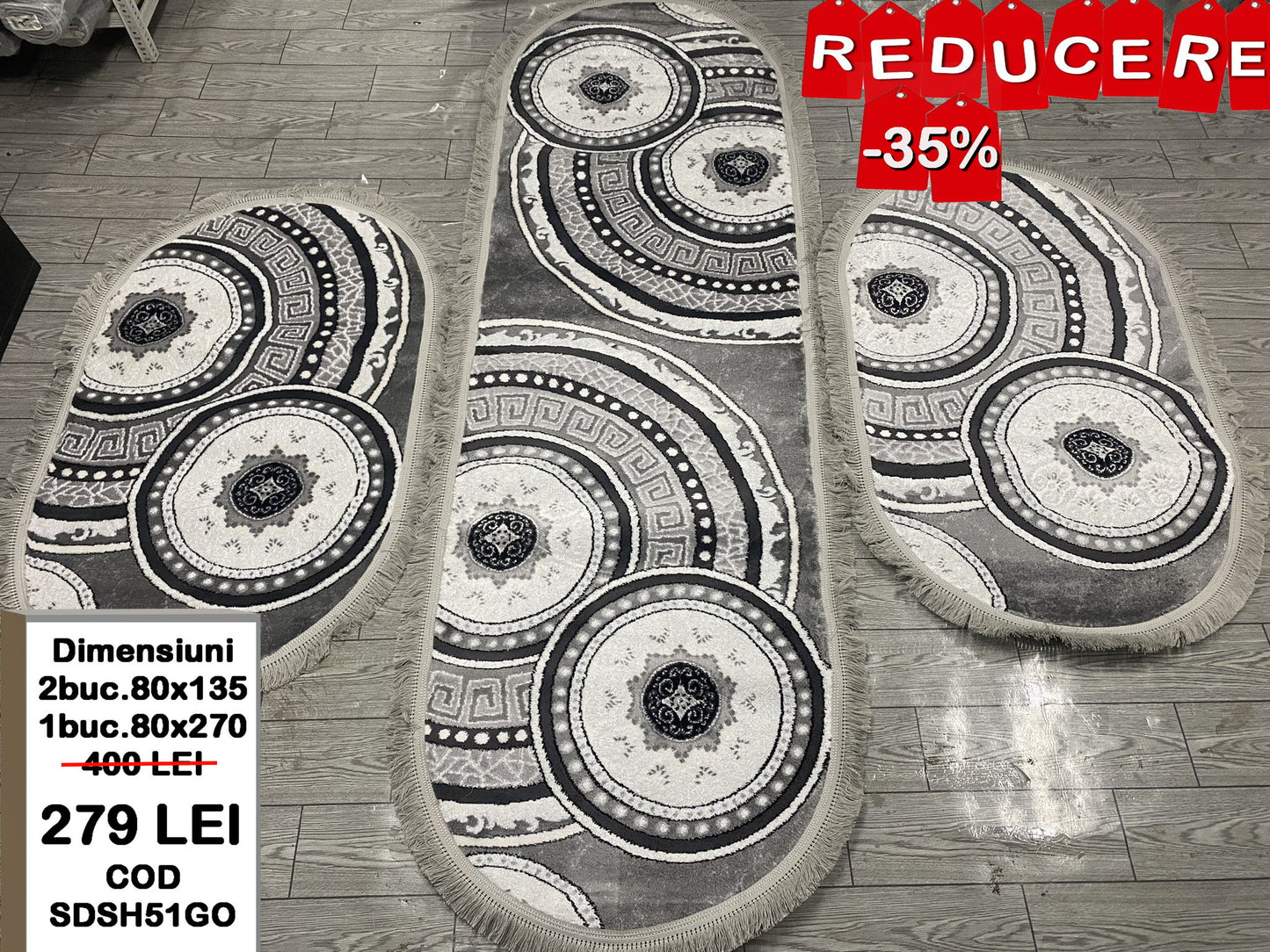 Set 3 Traverse cu Insertii Grecesti si Franjuri ,Gri/Alb