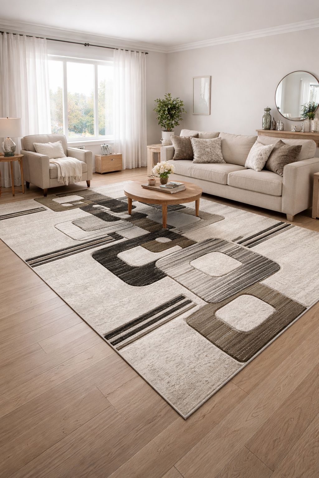 Covor cu Insertii Geometrice tip Patrate,Bej/Maro