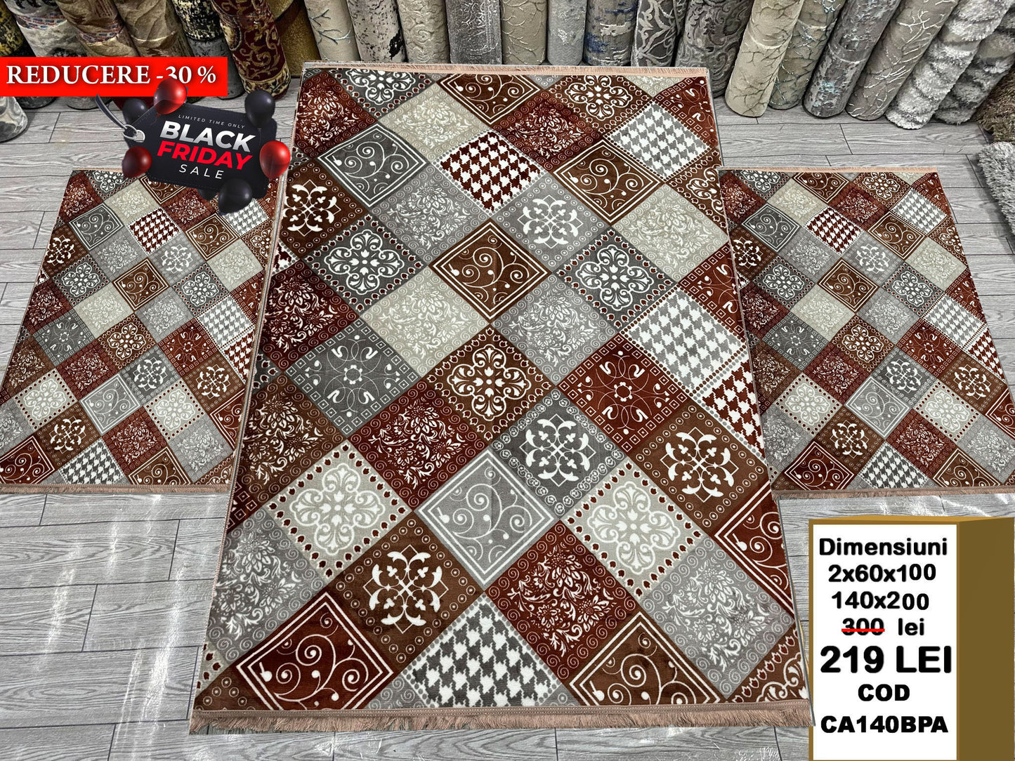 Set Covor cu Traverse Antiderapante,Caramiziu/Bej/Gri